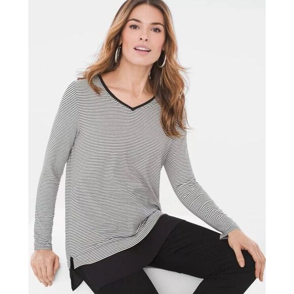 Chico's 1 (US M) Striped Woven-Hem Top Tunic V-Neck White Black Long Sleeves - Picture 1 of 7